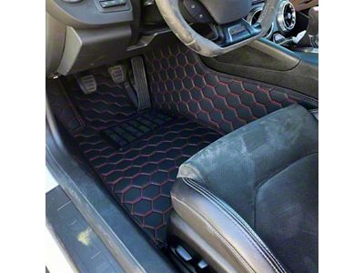Honeycomb Leather Front Floor Mat Liners; Black with Red Stithcing (16-23 Camaro)