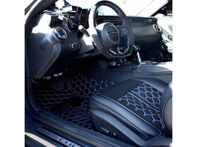 Honeycomb Leather Front Floor Mat Liners; Black with White Stithcing (10-15 Camaro)