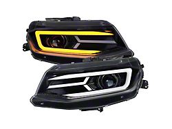 LED Strip Projector Headlights with Sequential Turn Signals; Chrome Housing; Smoked Lens (16-18 Camaro w/ Factory Halogen Headlights)