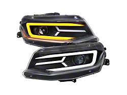 LED Strip Projector Headlights with Sequential Turn Signals; Matte Black Housing; Clear Lens (16-18 Camaro w/ Factory Halogen Headlights)
