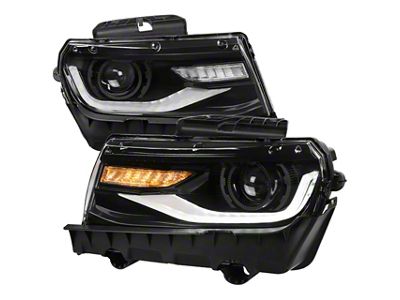 LED Strip Projector Headlights with Sequential Turn Signals; Black Housing; Clear Lens (14-15 Camaro w/ Factory Halogen Headlights)