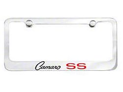 License Plate Frame with Script Camaro SS Logo; Chrome (Universal; Some Adaptation May Be Required)