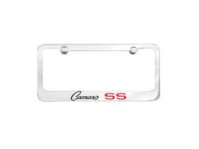 License Plate Frame with Script Camaro SS Logo; Chrome (Universal; Some Adaptation May Be Required)