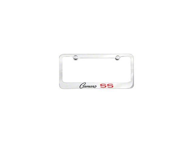 License Plate Frame with Script Camaro SS Logo; Chrome (Universal; Some Adaptation May Be Required)