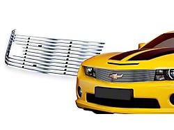 Stainless Steel Billet Upper Grille with Logo Cutout; Silver Hairline (10-13 Camaro LS, LT)