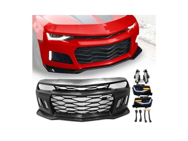 ZL1 Style Front Bumper with Headlights and DRL Fog Lights; Unpainted (10-13 Camaro w/ Factory Halogen Headlights, Excluding ZL1)