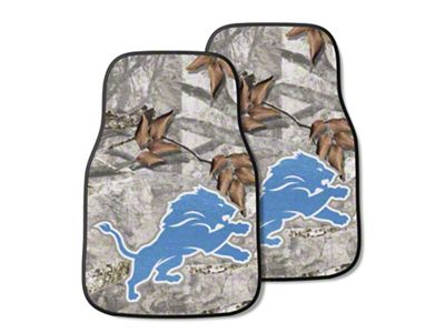 Carpet Front Floor Mats with Detroit Lions Logo; Camo (Universal; Some Adaptation May Be Required)