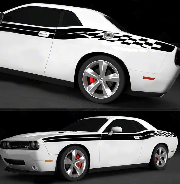 Challenger Checkered Side Double Stripes; Gloss Black (11-14