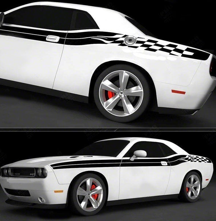 Challenger Checkered Side Double Stripes; Gloss Black (11-14