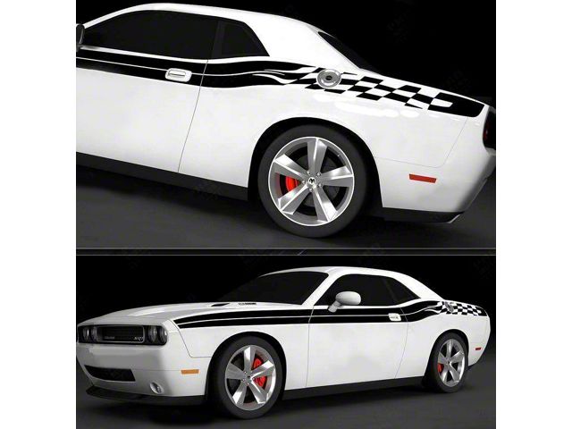 Checkered Side Double Stripes; Gloss Black (19-23 Challenger)