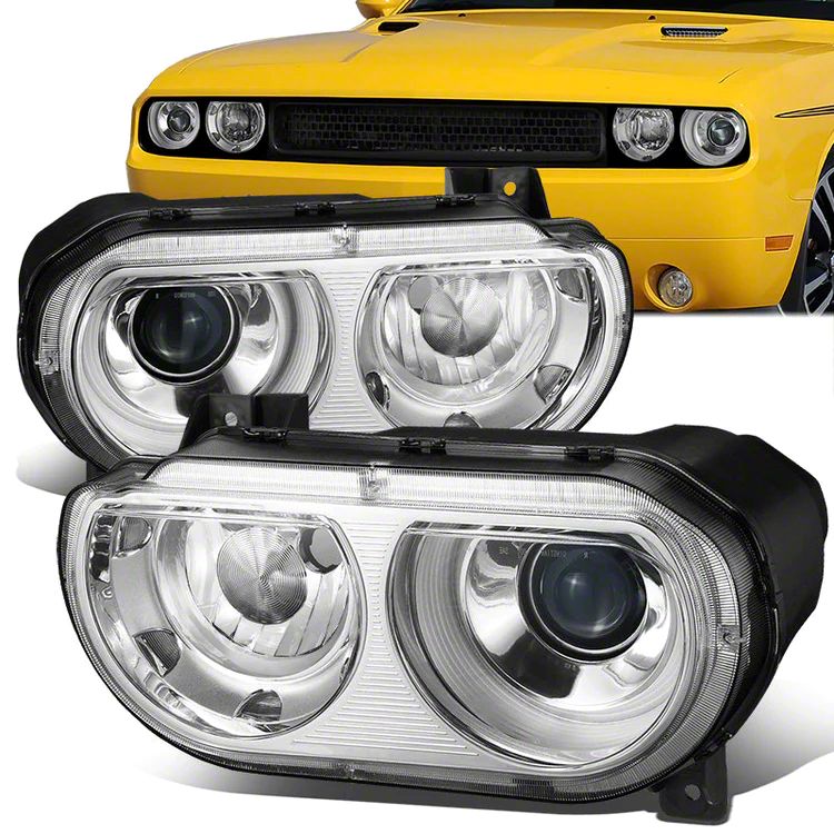 Challenger HID Projector Headlights with Clear Corners; Chrome Housing