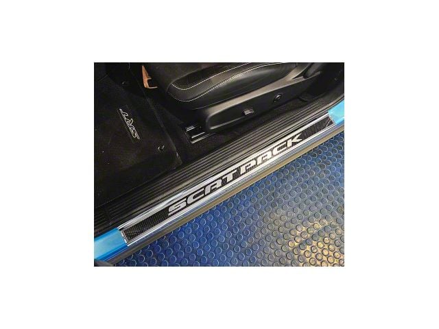 Illuminated Carbon Fiber Door Sills with Scat Pack Lettering; Blue (15-23 Challenger)