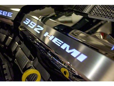 Illuminated Fuel Rail Covers with 392 HEMI Lettering; Blue (11-14 6.4L HEMI Challenger w/o Shaker Hood)