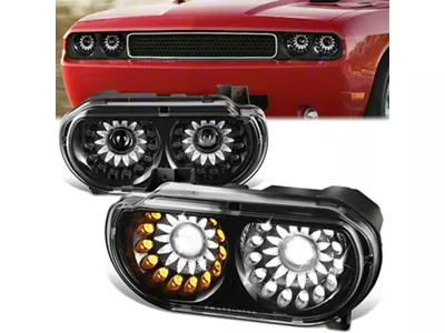 LED DRL Projector Headlights; Black Housing; Clear Lens (08-14 Challenger w/ Factory Halogen Headlights)