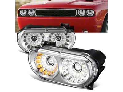 LED DRL Projector Headlights; Chrome Housing; Clear Lens (08-14 Challenger w/ Factory Halogen Headlights)