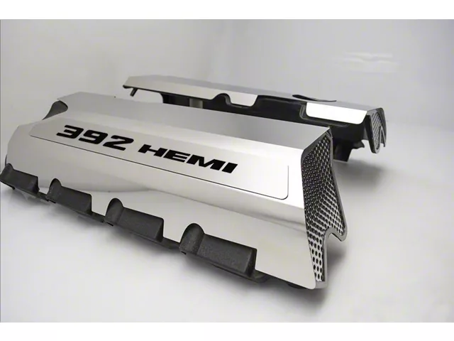 Polished Fuel Rail Covers with 392 HEMI Lettering; Black Carbon Fiber (15-23 6.4L HEMI Challenger w/o Shaker Hood)