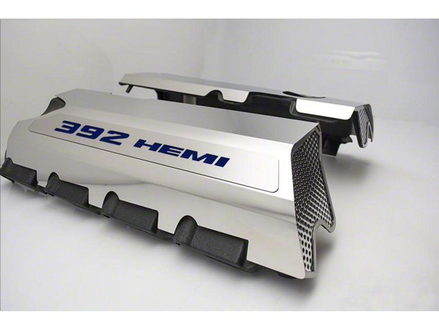 Polished Fuel Rail Covers with 392 HEMI Lettering; Blue Carbon Fiber (15-23 6.4L HEMI Challenger w/o Shaker Hood)