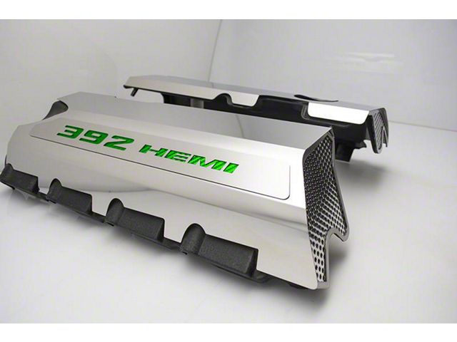 Polished Fuel Rail Covers with 392 HEMI Lettering; Green Carbon Fiber (15-23 6.4L HEMI Challenger w/o Shaker Hood)