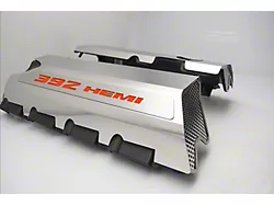 Polished Fuel Rail Covers with 392 HEMI Lettering; Orange Carbon Fiber (15-23 6.4L HEMI Challenger w/o Shaker Hood)