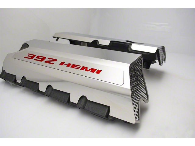 Polished Fuel Rail Covers with 392 HEMI Lettering; Red Carbon Fiber (15-23 6.4L HEMI Challenger w/o Shaker Hood)