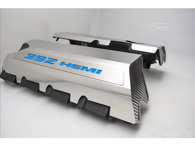 Polished Fuel Rail Covers with 392 HEMI Lettering; MOPAR Blue Solid (15-23 6.4L HEMI Challenger w/o Shaker Hood)
