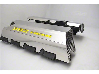 Polished Fuel Rail Covers with 392 HEMI Lettering; Yellow Carbon Fiber (15-23 6.4L HEMI Challenger w/o Shaker Hood)