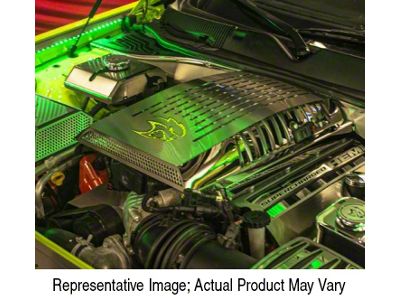 Stainless Steel HELLCAT Logo Plenum/Supercharger Engine Cover; Green Carbon Fiber (15-23 Challenger SRT Hellcat, SRT Jailbreak)