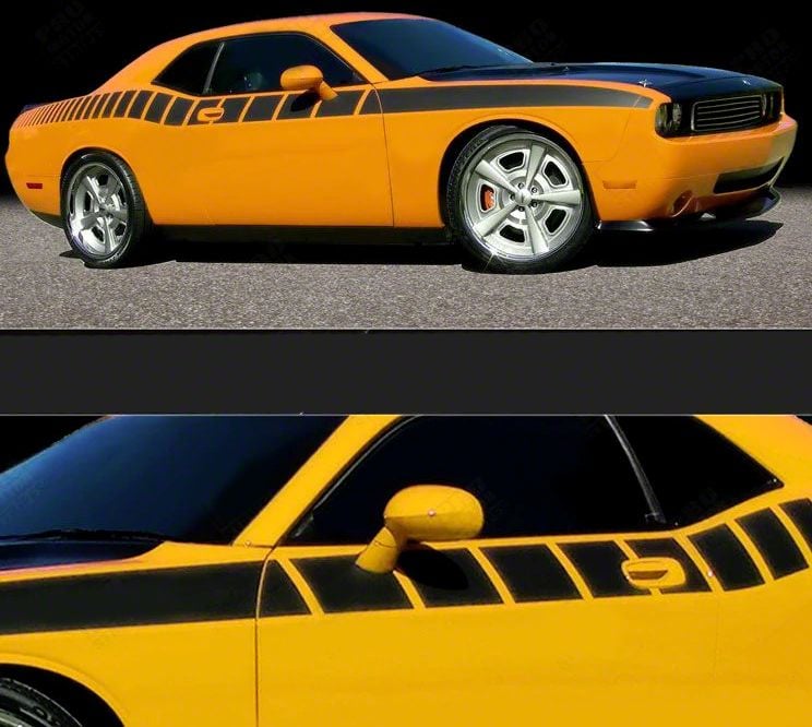 Challenger Strobe Cuda Racing Side Stripes; Matte Black (11-14