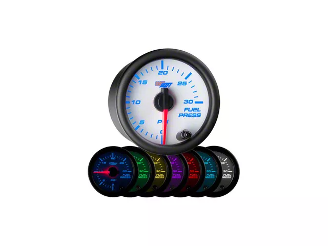 30 PSI Fuel Pressure Gauge; White 7 Color (Universal; Some Adaptation May Be Required)