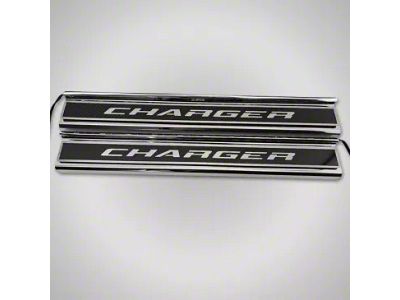 Carbon Fiber Front Door Sills with Charger Lettering; Brushed (15-23 Charger)