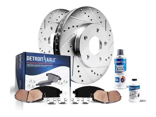 Drilled and Slotted Brake Rotor, Pad, Brake Fluid and Cleaner Kit; Front (06-11 RWD V6 Charger w/ Single Piston Front Calipers)