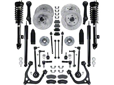 Drilled and Slotted Brake Rotor, Pad, Brake Fluid, Cleaner and Suspension Kit; Front and Rear (06-10 V6 RWD Charger)