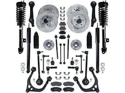 Drilled and Slotted Brake Rotor, Pad, Brake Fluid, Cleaner and Suspension Kit; Front and Rear (06-10 V6 RWD Charger)