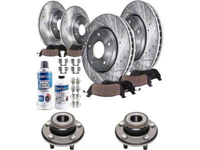 Drilled and Slotted Brake Rotor, Pad, Hub Assembly, Brake Fluid and Cleaner Kit; Front and Rear (06-11 RWD V6 Charger w/ Single Piston Front Calipers)