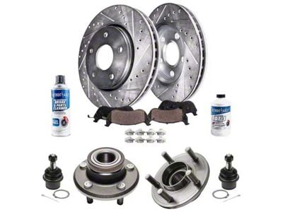 Drilled and Slotted Brake Rotor, Pad, Hub Assembly, Brake Fluid and Cleaner Kit; Front (06-11 RWD V6 Charger w/ Single Piston Front Calipers)