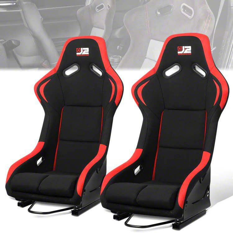 Pair Of Black Cloth + Red Stitch Reclining Racing Seats With Sliders – Universal Fit
