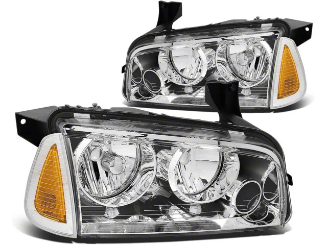 Factory Style Headlights with Amber Corners; Chrome Housing; Clear Lens (06-10 Charger)