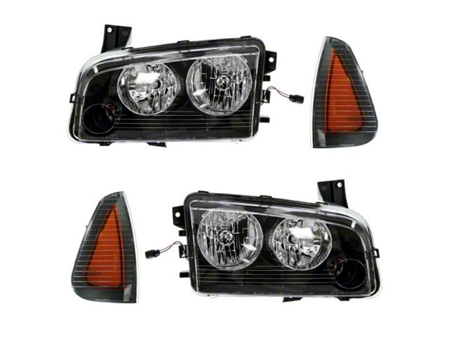 Halogen Headlights with Corner Lights; Black Housing; Clear Lens (11/09/07-10 Charger w/ Factory Halogen Headlights)