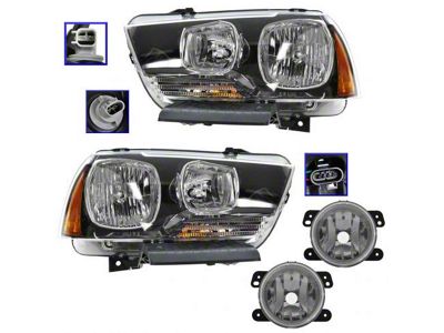 Headlights and Fog Light Set; Black Housing; Clear Lens (11-14 Charger)