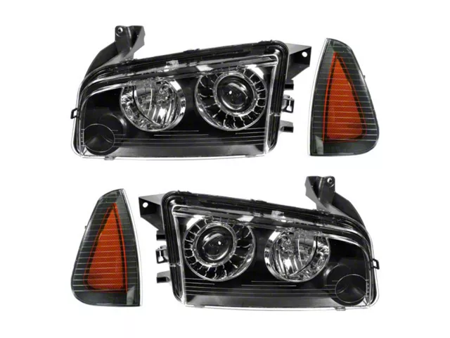 HID Headlights with Corner Lights; Black Housing; Clear Lens (08-10 Charger w/ Factory HID Headlights)