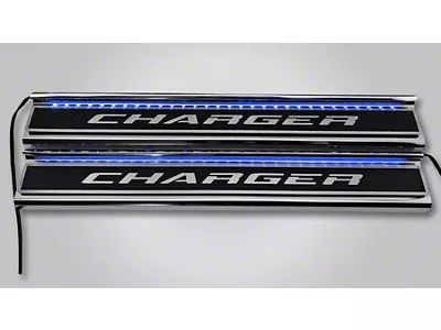 Illuminated Carbon Fiber Front Door Sills with Charger Lettering; Blue (15-23 Charger)