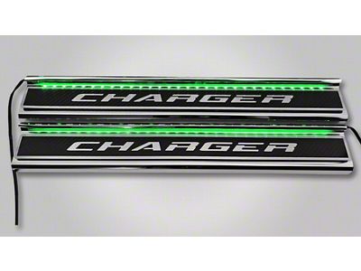 Illuminated Carbon Fiber Front Door Sills with Charger Lettering; Green (15-23 Charger)