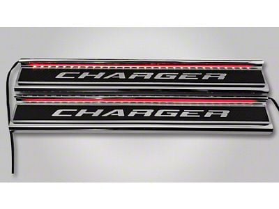 Illuminated Carbon Fiber Front Door Sills with Charger Lettering; Red (15-23 Charger)
