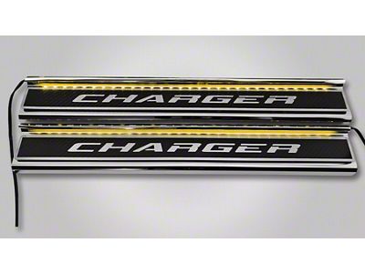 Illuminated Carbon Fiber Front Door Sills with Charger Lettering; Yellow (15-23 Charger)
