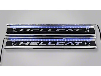 Illuminated Carbon Fiber Front Door Sills with Hellcat Lettering; Blue (15-23 Charger)