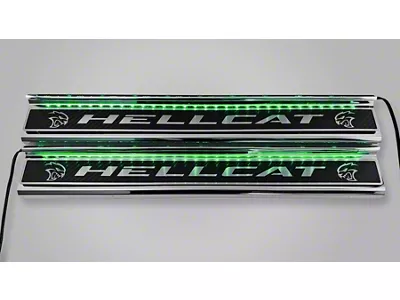 Illuminated Carbon Fiber Front Door Sills with Hellcat Lettering; Green (15-23 Charger)