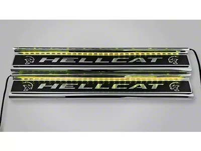 Illuminated Carbon Fiber Front Door Sills with Hellcat Lettering; Yellow (15-23 Charger)
