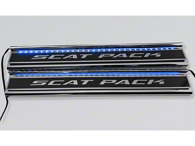 Illuminated Carbon Fiber Front Door Sills with Scat Pack Lettering; Blue (15-23 Charger)