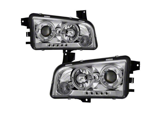 Signature Series LED Halo Projector Headlights; Chrome Housing; Clear Lens (06-10 Charger w/ Factory Halogen Headlights)