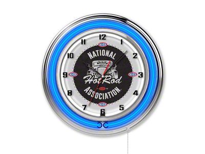 NHRA 19-Inch Double Neon Hot Rod Wall Clock; Blue Neon